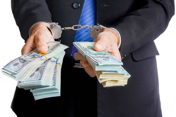 Para Bir Adamının Elinde Krizde Konseptini Yükselten Bir Banka Çalışanı — Stok fotoğraf