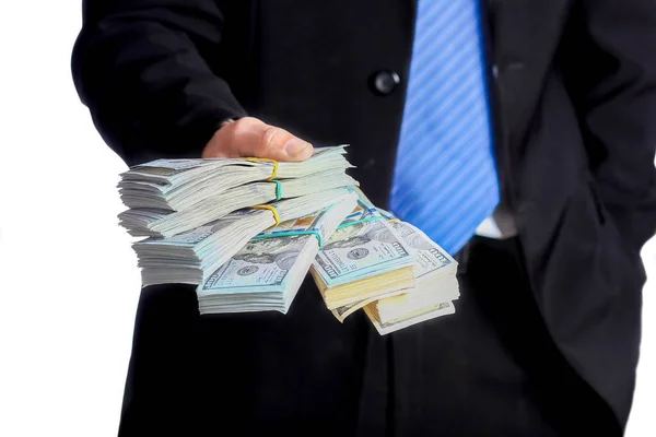 Dinheiro Nas Mãos Homem Negócios Uma Crise Levantando Conceito Negócio — Fotografia de Stock