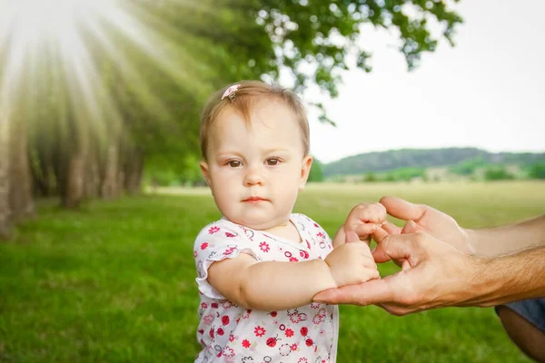 Χέρια Ενός Ευτυχιού Γονέα Και Παιδιού Στη Φύση — Φωτογραφία Αρχείου