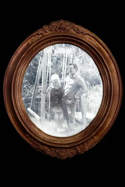 Old Retro Photo Young Couple Love Wooden Frame — Stock Photo, Image