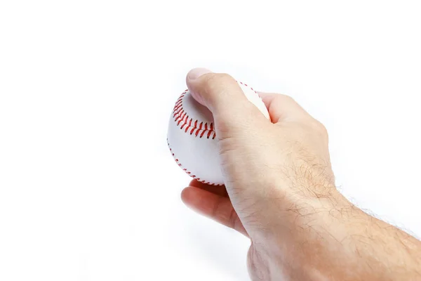 Bonito Nas Mãos Uma Bola Beisebol Fundo Branco Myach — Fotografia de Stock
