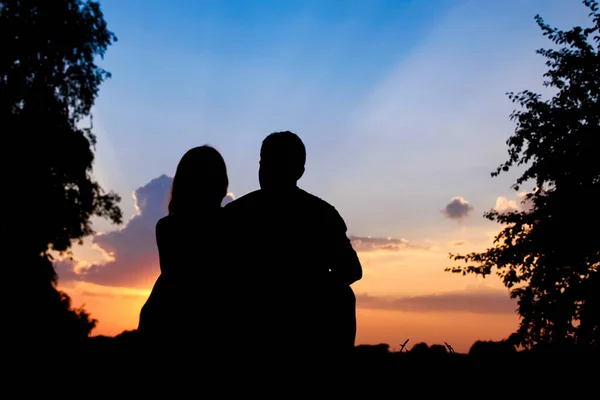 幸福的夫妇在落日下的剪影连在一起的性质 — 图库照片