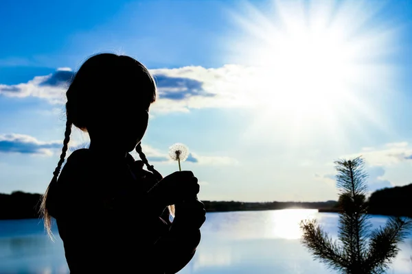 Gelukkige Kinderen Silhouetten Zonsondergang Achtergrond — Stockfoto