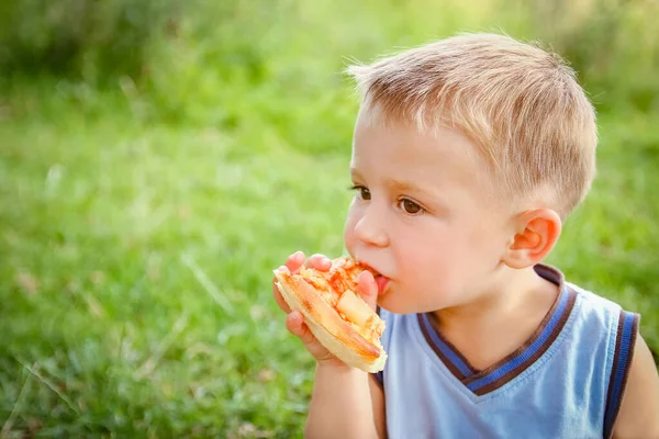 公園の芝の自然でおいしいピザを食べる子 — ストック写真