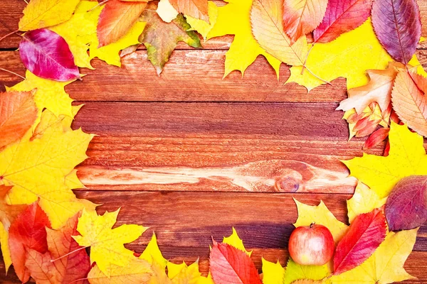 Jesienne Liście Drewnianym Tle Przestrzenią Kopiowania — Zdjęcie stockowe