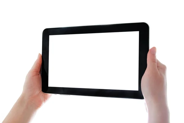 Mãos Humanas Tablet Computador Dispositivo Touch Screen Com Isolado — Fotografia de Stock