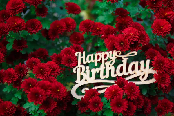 Happy Birthday Plate Chrysanthemum Flowers — Stock Photo, Image