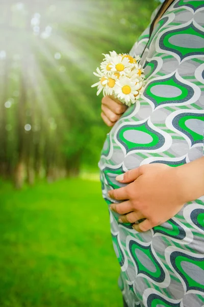 Happy Pregnant Woman Nature Flowers Park —  Fotos de Stock