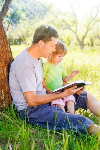 Happy Father Child Reading Book Nature Bible — Stock Photo, Image