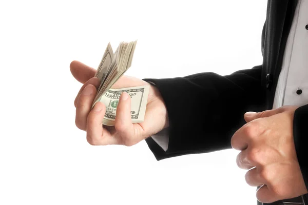 Hombre Negocios Sosteniendo Dinero Sobre Fondo Blanco — Foto de Stock