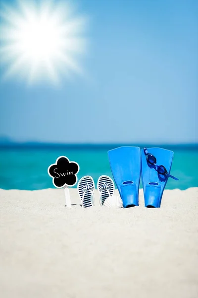 Flippers Sulla Sabbia Del Mare Costa Viaggi Sfondo — Foto Stock