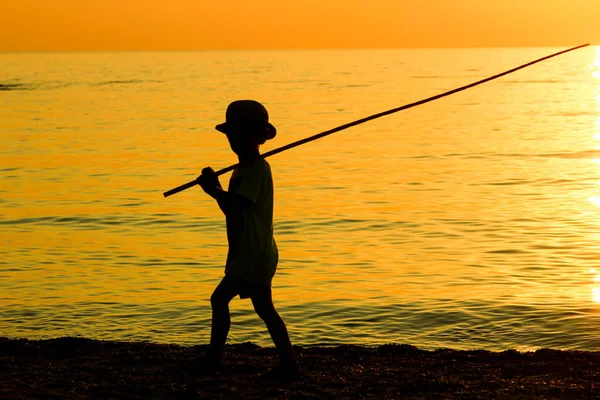 Happy Child Fishing Sea Silhouette — Stock Photo, Image