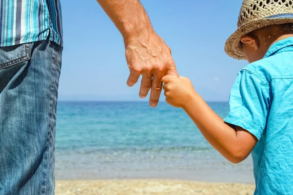 Hände Eines Glücklichen Elternteils Und Eines Kindes Meer Der Natur — Stockfoto