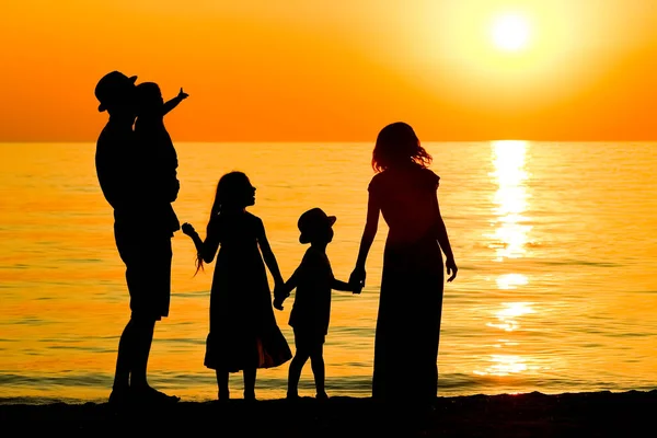 Ευτυχισμένη Οικογένεια Από Θάλασσα Στη Φύση Σιλουέτα Σαββατοκύριακο Ταξίδια — Φωτογραφία Αρχείου
