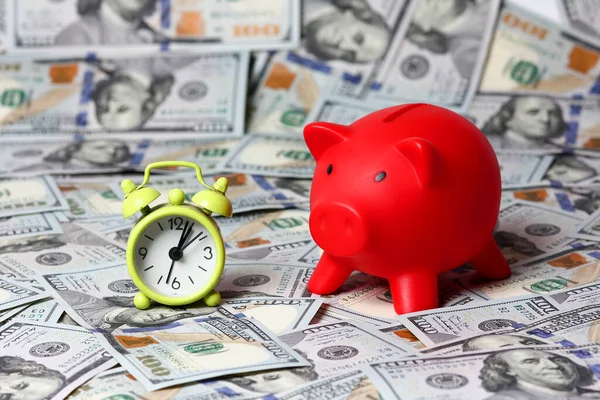 Alarm Clock Lot Dollars Time Money Concept — Stock Photo, Image