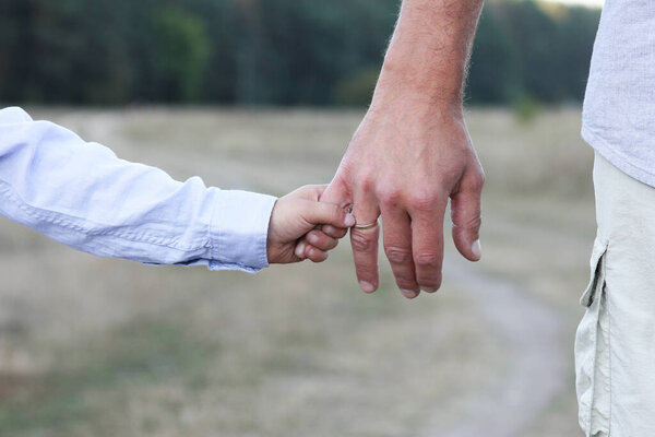 Happy child and parent 's hands on nature in the park travel