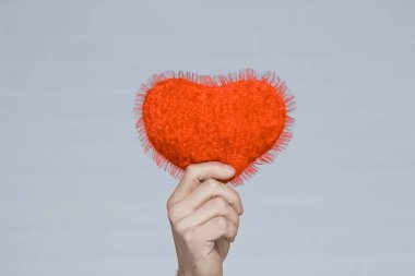 Heart in human hands on white brick background