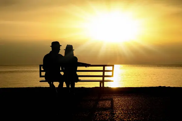 在海边的长椅上 一对快乐的夫妇在旅行时的轮廓 图库图片