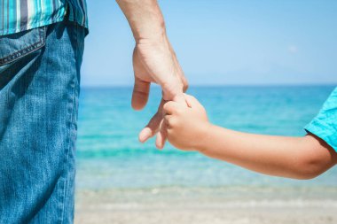 Mutlu bir ebeveynin ve çocuğun elleri doğa yolculuğunda deniz kenarında.