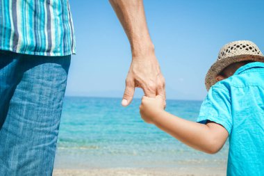 Mutlu bir ebeveynin ve çocuğun elleri doğa yolculuğunda deniz kenarında.