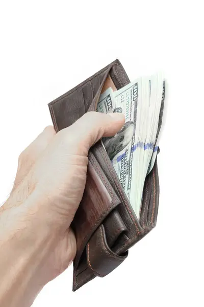 Cüzdanında Dolar Para Beyaz Bir Arka Planda Eller — Stok fotoğraf