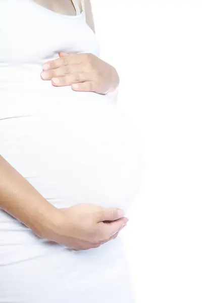 Feliz Embarazada Encuentra Sobre Fondo Blanco — Foto de Stock
