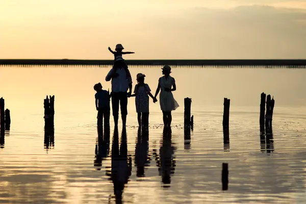 Happy family silhouette at sea with reflection in park in nature