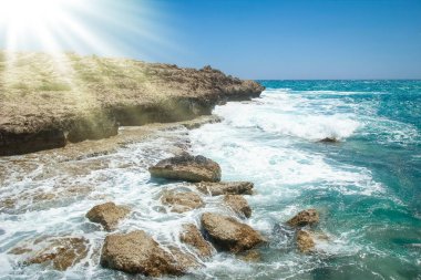 Arka planda dalgalar olan güzel bir sahil.