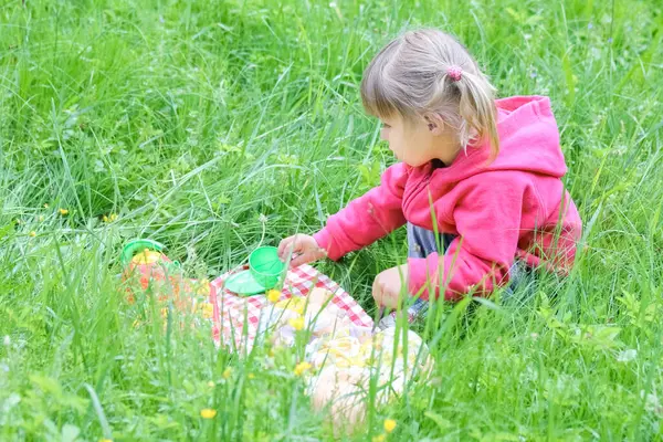 Счастливый Ребенок Весело Играющий Природном Парке Стоковая Картинка