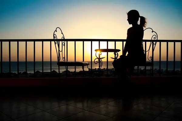 Mooi Meisje Het Moment Van Zee Silhouet Achtergrond Stockfoto