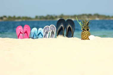 Deniz kenarında ananas ve kıyı arka planında spor ayakkabıları.
