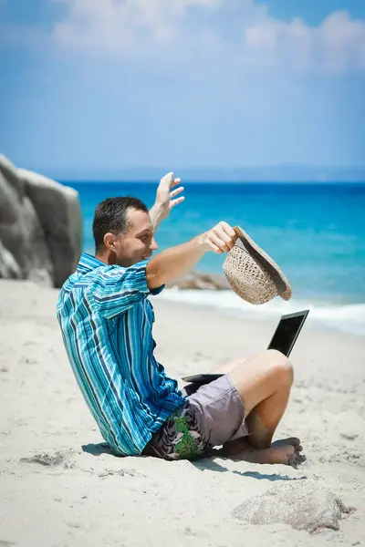 Happy Man Guy Laptop Seashore Weekend Travel Stock Photo