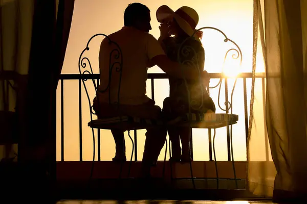 Couple Man Woman Silhouette Balcony Sea Background Meeting Double Date Royalty Free Stock Photos