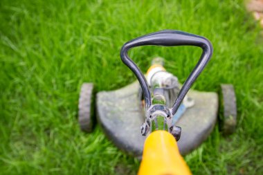 Bahçedeki çim biçme makinesi ve adam