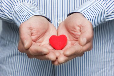 Heart in human hands on white brick background