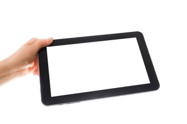 İnsan eliyle yapılan tablet bilgisayar dokunmatik ekran cihazıyla izole edilmiş.