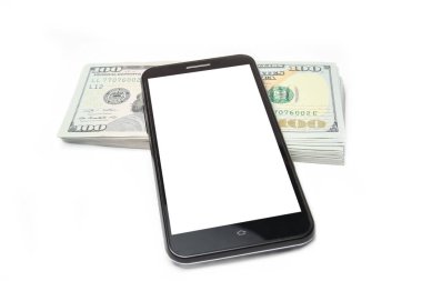 dolar iş para ile telefonda beyaz bir arka plan