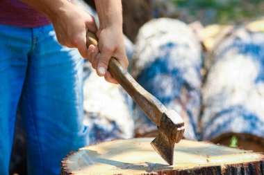 man chopping wood with an ax country background clipart