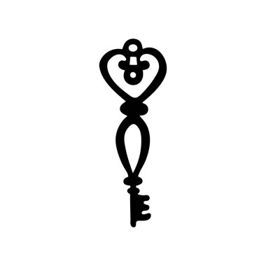 Antika el yapımı anahtar tasarımı. Klasik kilit simgesi. İzole edilmiş siyah tuş silueti. Vektör illüstrasyonu