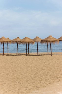 Mavi okyanuslu boş sahilde doğal çim şemsiyesi