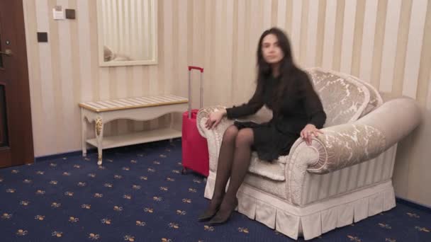 Pretty Brown Haired Exhausted Woman Suitcase Enters Hotel Room Coming — Vídeo de stock