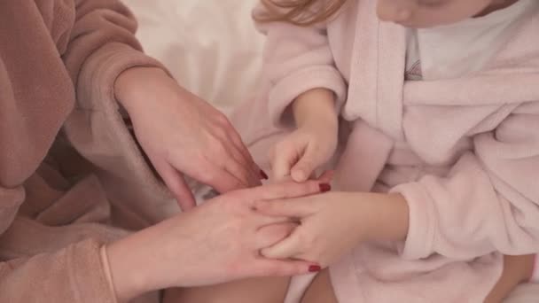 Close Girl Female Manicured Hands Little Hands Applying Cream Rubbing — Stockvideo