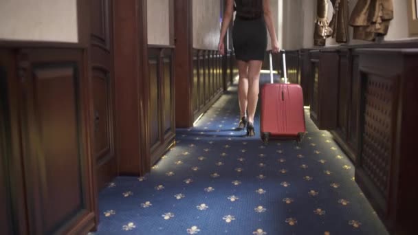 トロリースーツケース付きのホテルの廊下を歩いているブルネットの眺め カメラは底を打ったまま — ストック動画