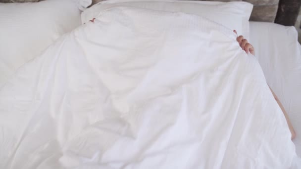 Top View Young Brunette Hiding Blanket She Throws Away Blanket — Vídeo de Stock