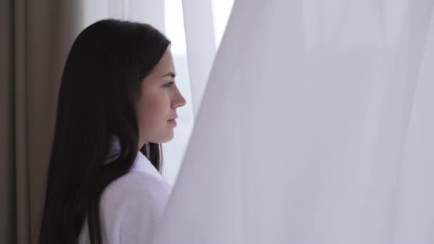 Close Young Brunette Face Profile She Stands Opened Window Light — Video Stock