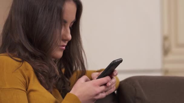 Side View Pretty Young Brunette Sitting Sofa Typing Something Phone — Stock Video