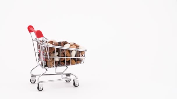 Shopping Cart Filled Beans Moving Forward Isolated White Background Close — Wideo stockowe