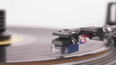Close-up of a LP vinyl record player coil cartridge. Gramophone starts playing a song.