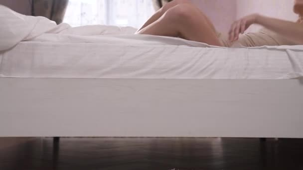 White Blanket Taken Woman Legs Getting Carpet Bed Away — Stockvideo