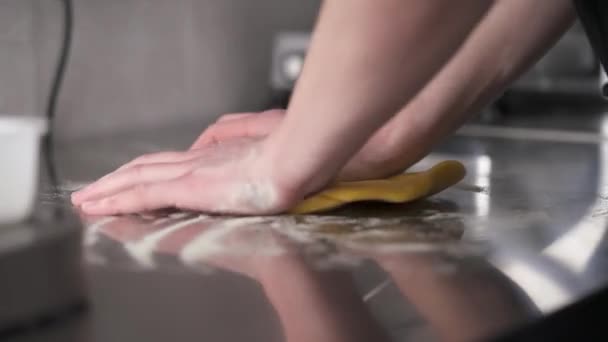 Mans Hands Kneading Piece Dough Table Professional Kitchen Fresh Noodles — Vídeos de Stock